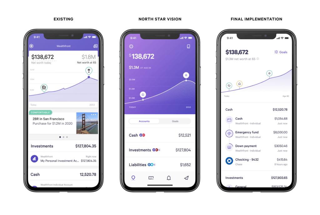 screenshot examples of the existing Wealthfront app, the north star vision, and the final implementation