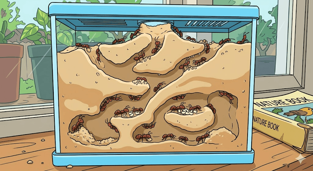 Indoor ant farm filled with busy workers