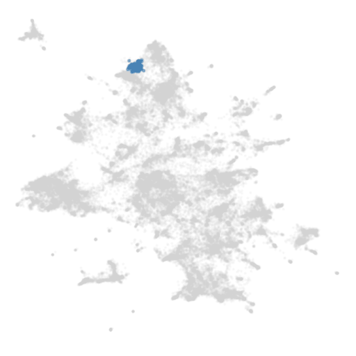 UMAP visualization of call note embeddings with one topic cluster highlighted in blue and the remaining clusters shown in gray.